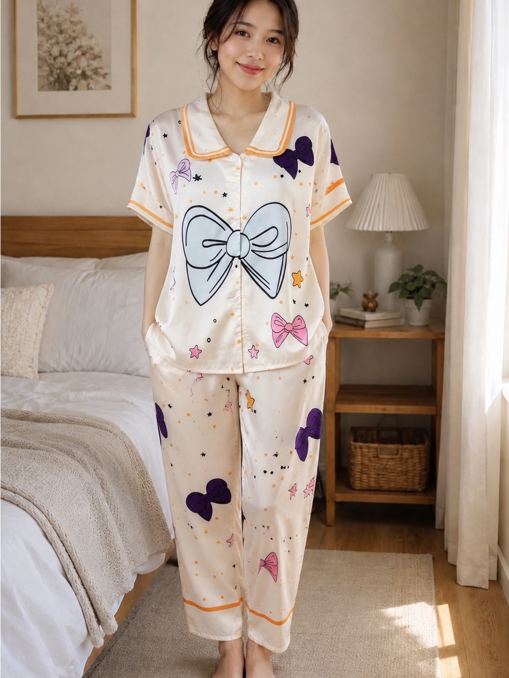 Cream Satin Bow-Print Pajama Set with Purple & Pink Accents